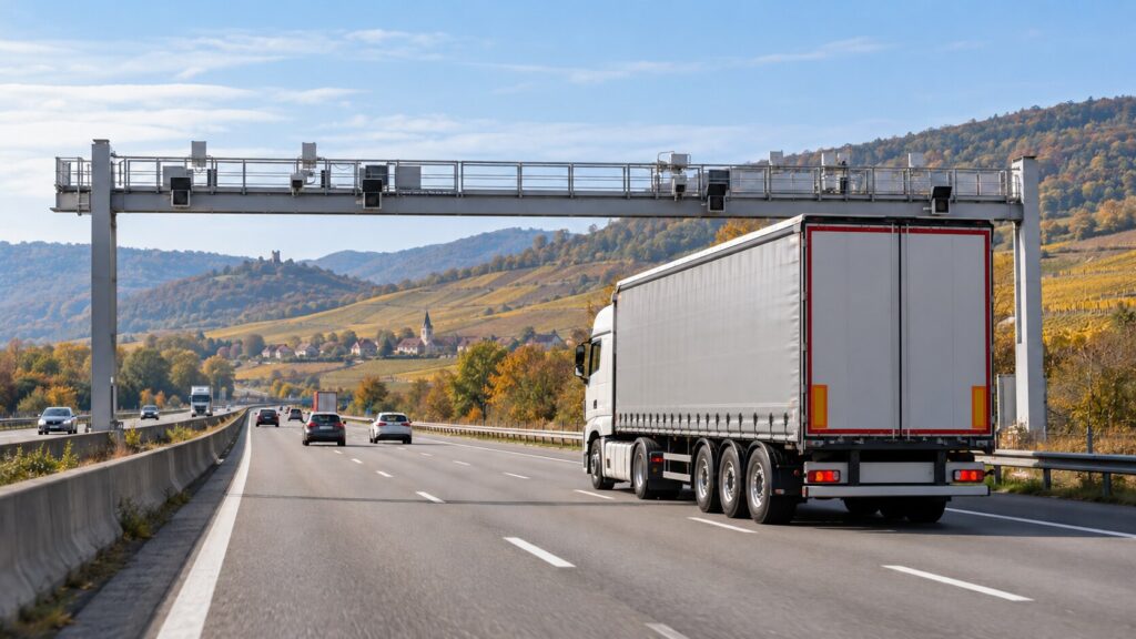 Poids lourd circulant sous un portique électronique sur une autoroute alsacienne