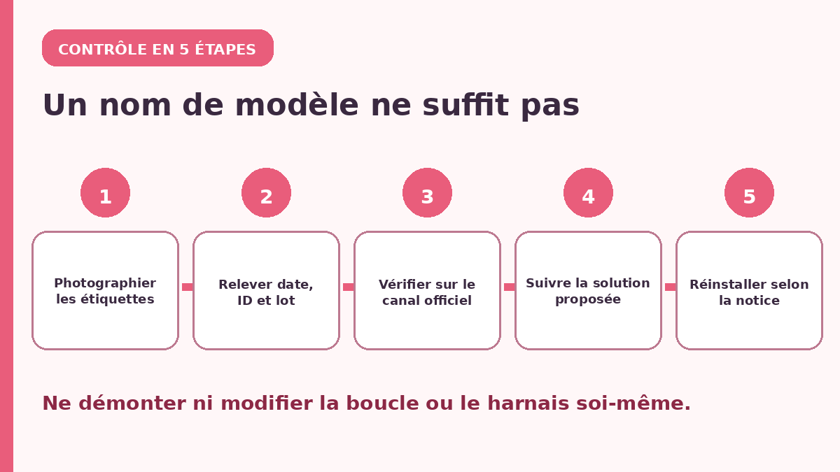 Étapes pour vérifier le modèle, la date et l’identifiant d’un siège auto rappelé