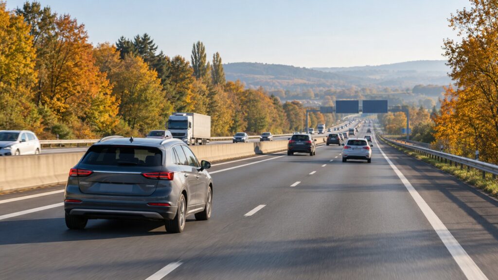 Voiture familiale circulant sur une autoroute française bordée d'arbres aux couleurs d'automne